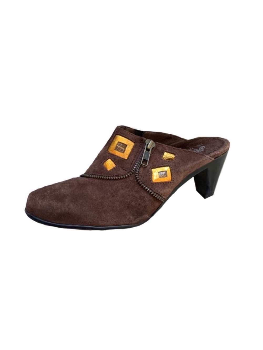 Helle Comfort Brown Faux Suede and Orange Gold Geometric Y2K Zippered Mules